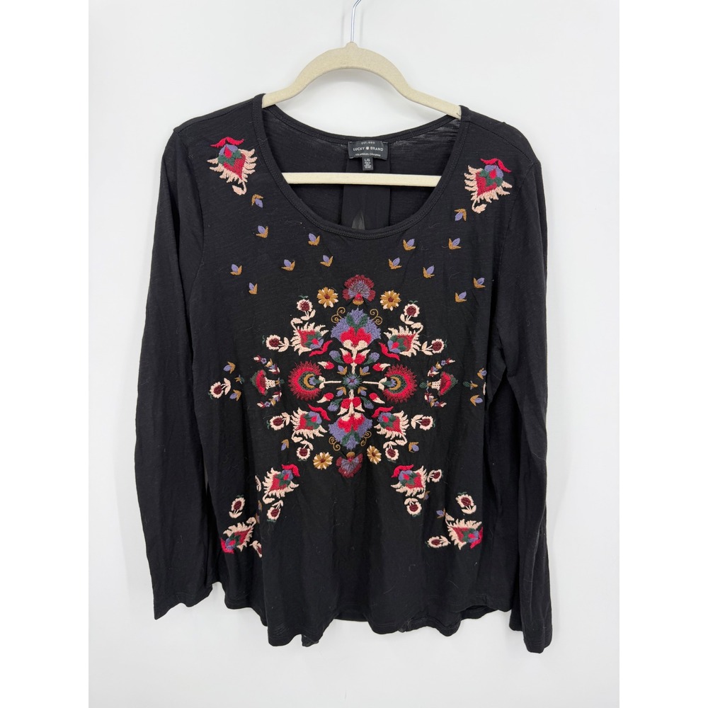 Lucky Brand Embroidered Split Back Top Womens Large Black Long Sleeve Floral L